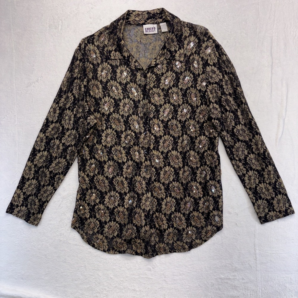 Chico's Design Shirt Women's Size 3 (16/18)Black/Gold Floral Sequin Long Sleeves